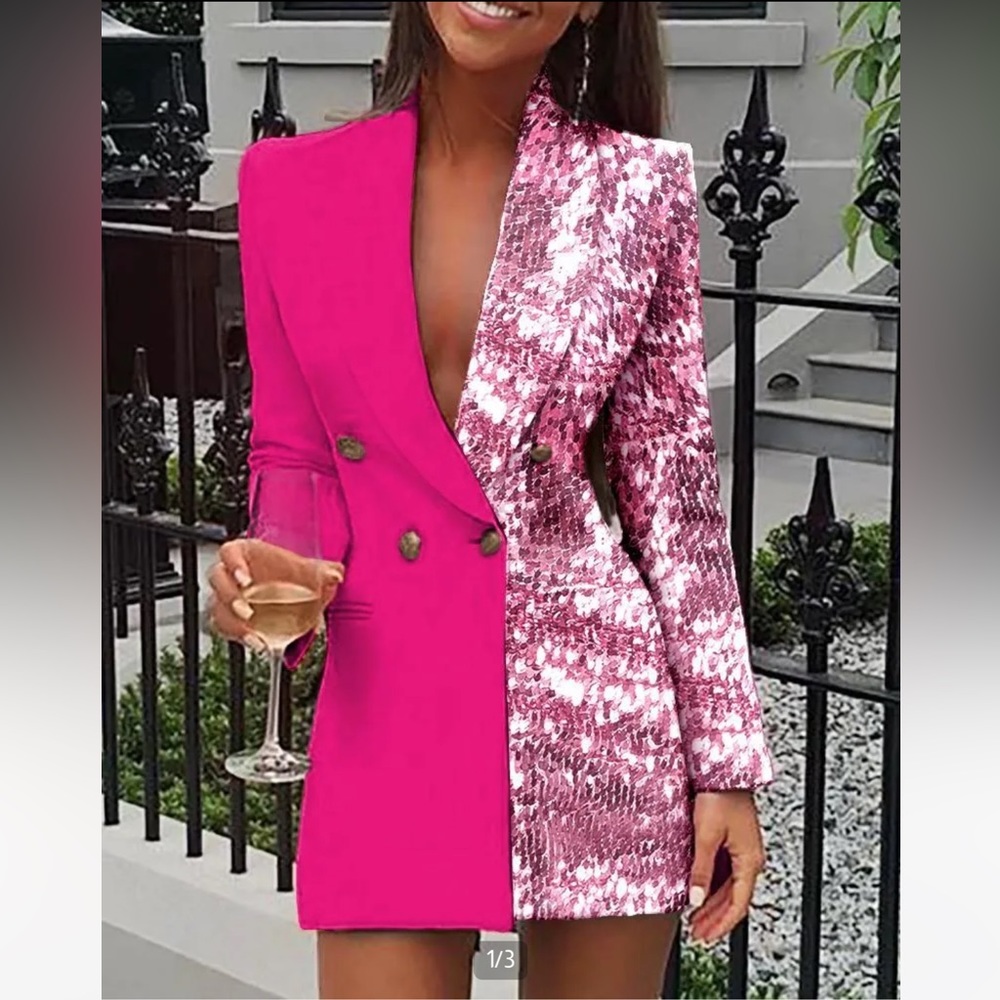 Pink sequins Colorblock Double Breasted Blazer Dress- size small, brand new